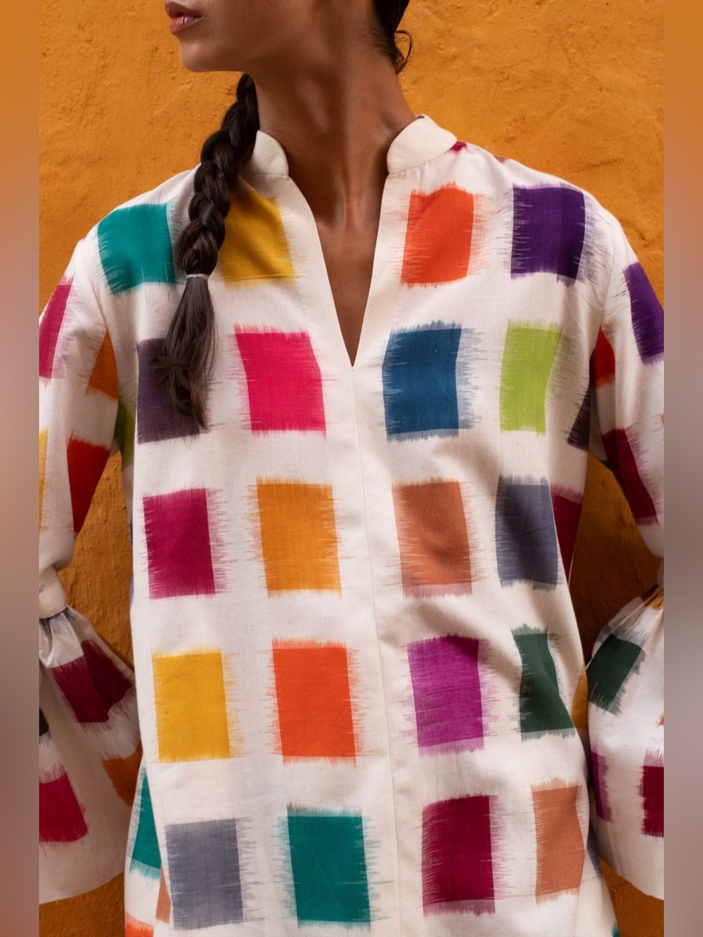 De Castro Tuckernuck Rainbow Color Block Parampara Shirt Blouse Top Sleeve sz M - Picture 2 of 7